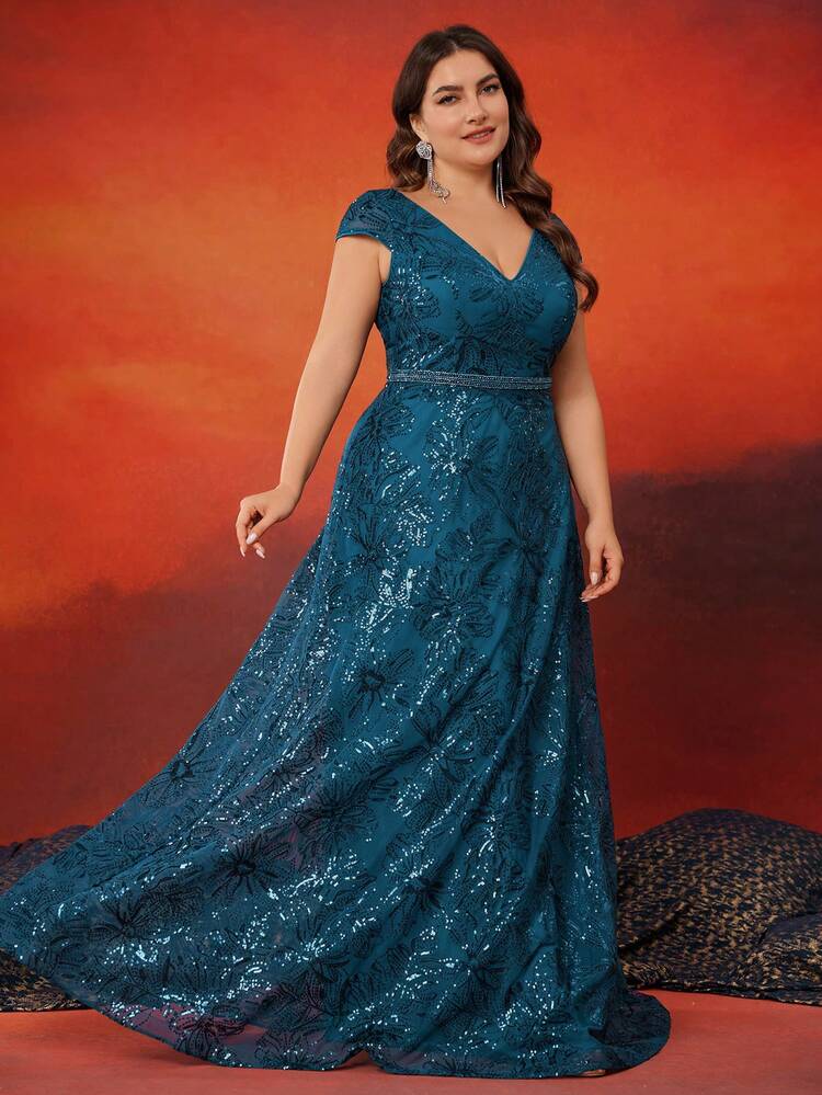BluePlum 高品质刺绣亮片 V 领盖袖，A 字下摆设计，中腰手工串珠设计，加大码优雅奢华女士长裙，让女性更年轻、更迷人，适合各种派对、毕业典礼、婚礼、活动和各种宴会和舞会，女士正式舞会礼服（豪华版）派对礼服婚礼宾客礼服晚礼服 - 水鴨藍 - 查看 4