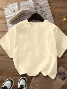 大码女式夏季咖啡俱乐部图案T恤，印有牛角面包、咖啡杯和摩卡壶图案，休闲舒适，日常穿着，充满度假风情。夏季，上衣，图案T恤，休闲咖啡俱乐部图案T恤，印有牛角面包、咖啡杯和摩卡壶图案。 - 杏色 - 查看 5