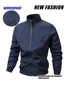 Autumn And Winter Thin New Large Solid Color Jacket Sports Outdoor Business Leisure Stand Up Collar Large Pocket Jacket - Navy Blue - View 1