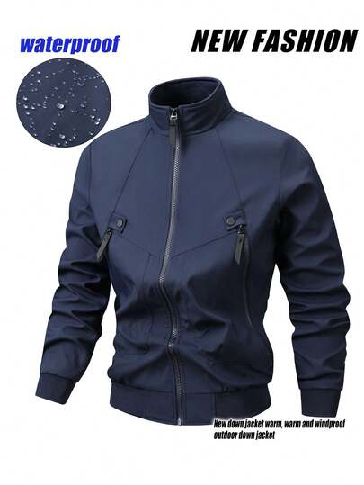 Chaqueta delgada de otoño e invierno, nueva, de unicolor, impermeable, para deportes, exteriores, negocios y ocio, con cuello alto y bolsillos grandes