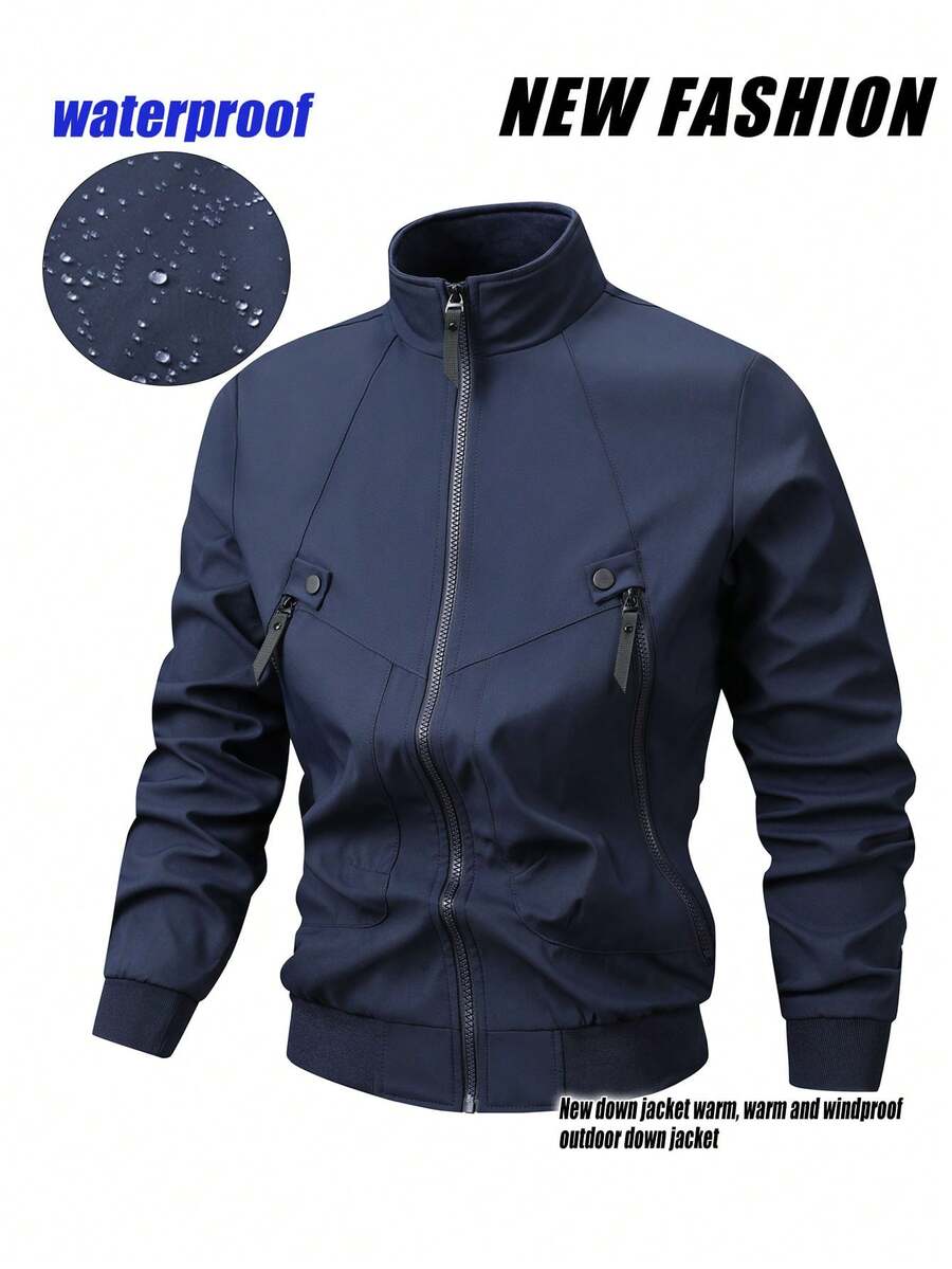 Autumn And Winter Thin New Large Solid Color Jacket Sports Outdoor Business Leisure Stand Up Collar Large Pocket Jacket - Navy Blue - View 1