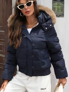 Winterjacke für Damen mit Kapuze, Fellkragen, Reißverschluss, Wattierung und Verdickung, warme Oberbekleidung