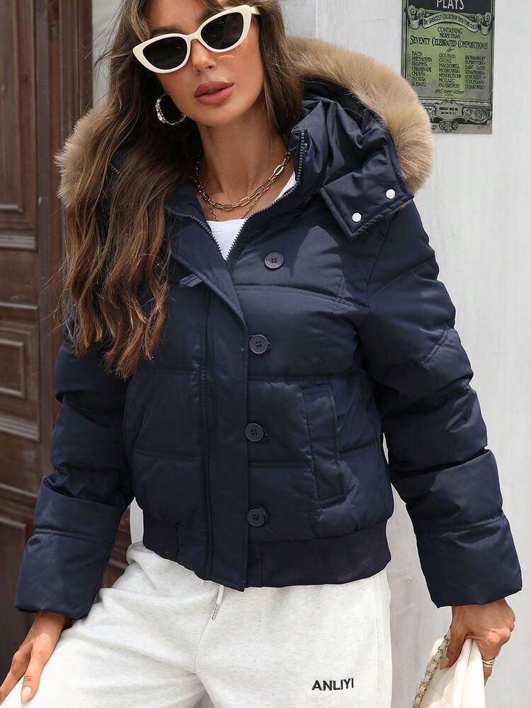 冬季女士加厚短款外套毛领连帽夹克拉链加厚派克大衣保暖外套 - 藏蓝色 - 查看 2