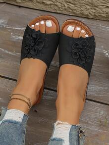 Women's Floral Thick Bottom Wedge Open Toe Slippers, Polyurethane Sole Thick Wedge Heel Solid Color Comfortable Slip-On Platform Sandals - Black - View 5