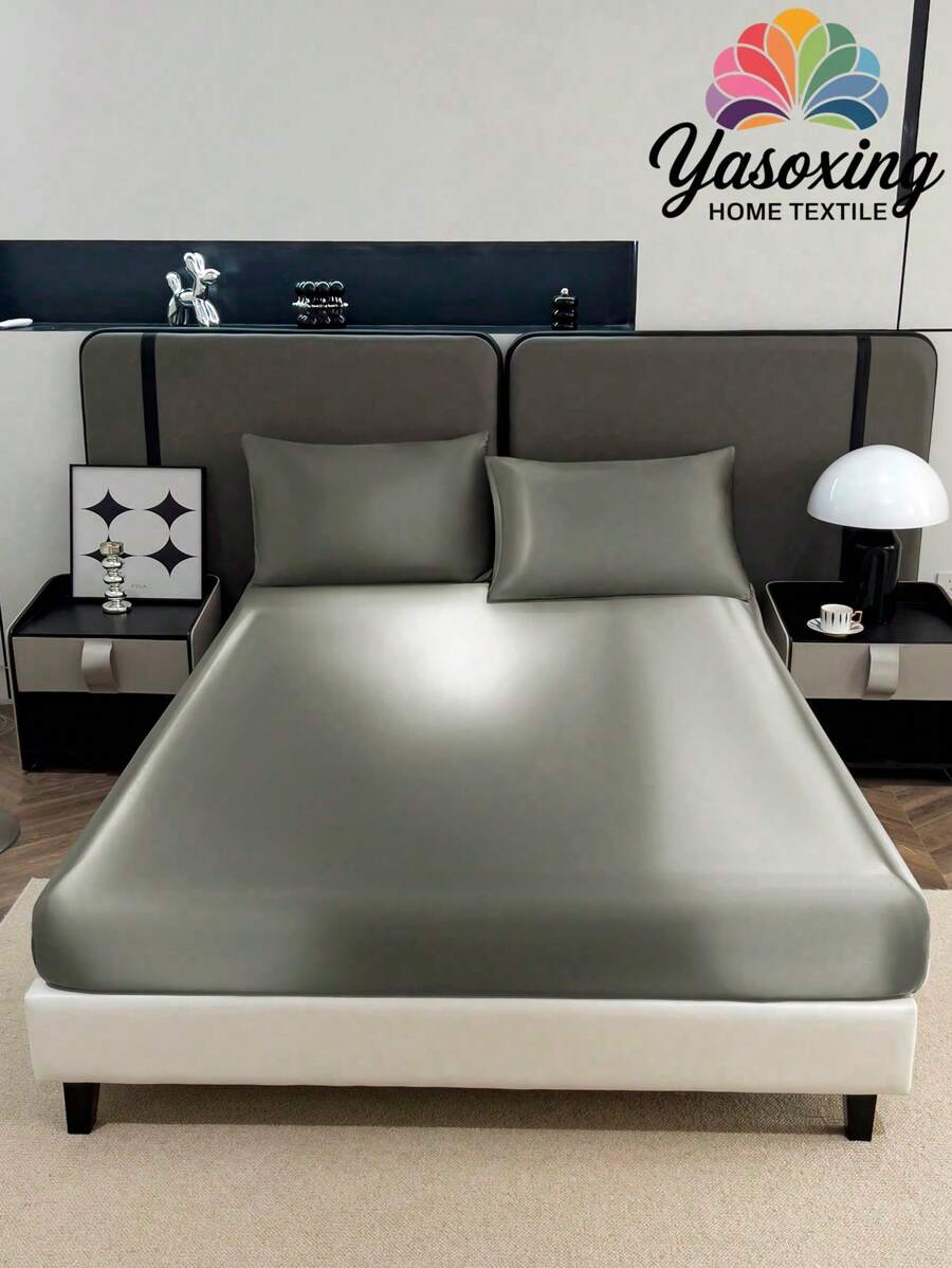 3 件纯色深灰色缎面床笠套装仿真丝床笠套装，含 1 件床笠 + 2 件枕套（无填充物），现代家用柔软床上用品套装，床单深口袋最大可达 13.8 英寸缎面枕套，柔软透气防皱，更适合睡眠，豪华酒店风格，送给妈妈爸爸朋友宿舍床上用品的礼物 - 深灰色 - 查看 1