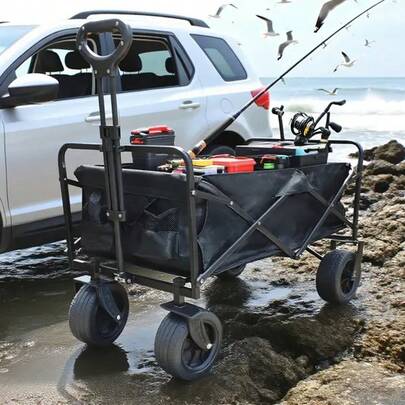 GAWFOLK New Large Capacity Trolley With Brakes And Foldable And Adjustable Handle.Foldable Outdoor Camping Cart, An All-Terrain Tire Trolley, And A Convenient Goods Transport Vehicle. It Can Be Used For Outdoor Picnics, Park Gatherings, Shopping, Picking Up Goods, Fishing, At The Beach, Or On The Lawn. It Comes In A Stylish Black Version.