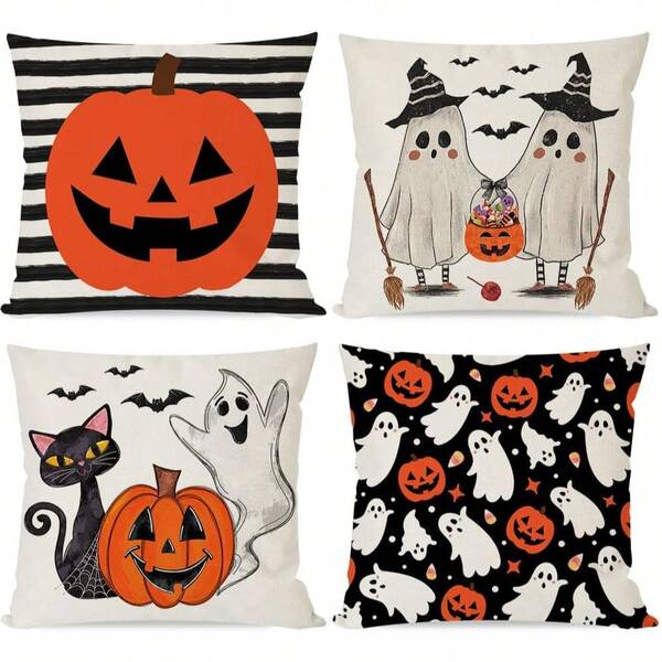 Fronha de Halloween com 4 peças, decoração de Halloween com estampa de fantasma fofo, lanterna, abóbora, gato preto, listrado, para áreas internas e externas, decoração de sofá, sala de estar, travesseiro de um lado, sem núcleo