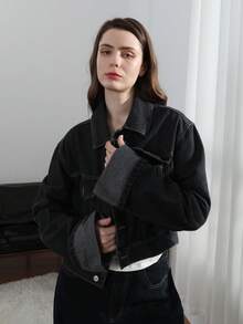 Jaqueta Denim de Manga Longa com Lapela de Cor Sólida Fashionable para Mulheres - Preto - Visão 8