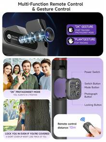 AXNEN 360°旋转自拍杆,带自动人脸追踪三脚架云台稳定器、无线遥控手机支架,兼容安卓和iOS智能手机,适用于暑假、旅行、户外活动、直播、摄影、视频拍摄。 - 彩色 - 查看 8