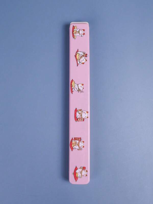 علبة وردية محمولة من البلاستيك للسفر والتخييم مزينة برسم الغزال ، تحتوي على زوج من عيدان التناول ، سهلة الحمل في الحقيبة أو المطبخ ، هدية عيد الميلاد