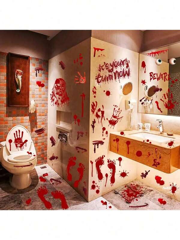 1 Sheet Of 9 Pcs Bloody Hand & Foot Window Clings, Horrific Bloody Hand & Foot Print Stickers, Haunted House Decor, Realistic Splatter Design, Suitable For Bathroom, Home, Halloween Party