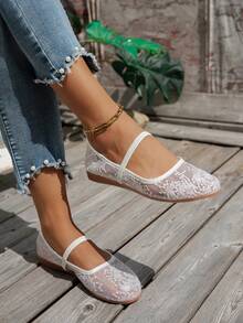 2025 秋季圆头蕾丝网眼女鞋，亮片刺绣花卉装饰，时尚舒适透气芭蕾平底鞋，松紧带一脚蹬 - 白色 - 查看 2