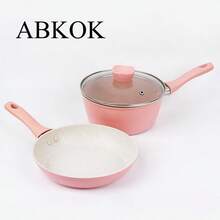 ABKOK 1 件/2 件/4 件铝制炊具套装，不粘煎锅、炖锅、煎饼锅，迷你可爱，单锅或锅具套装可用 - 粉色 - 查看 4