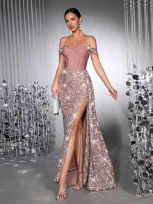 奢华闪亮厚水晶钻石亮片透视网纱长裙，单肩领口设计，性感紧身剪裁，适合婚礼伴娘礼服、女士明星正式晚宴、节日派对等场合。 - 咖啡棕 - 查看 2