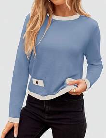 Women's Fall Sweaters 2025 Long Sleeve Crewneck Knit Color Block Lightweight Pullover Tops Clothes - Bầu trời - Xem 2
