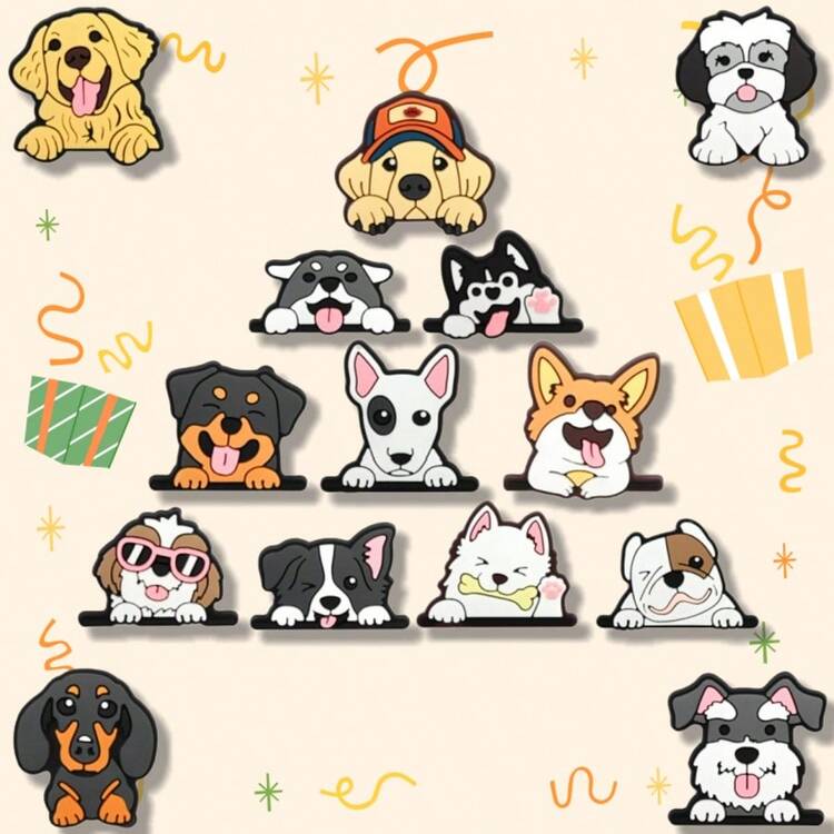 16 件狗主题鞋饰装饰套装，适用于鞋子、包包、手链和配饰 - 可拆卸创意 DIY 装饰 - 生日、圣诞节、情人节、万圣节和派对的理想礼物，基本金属动物眼睛 - 彩色 - 查看 2
