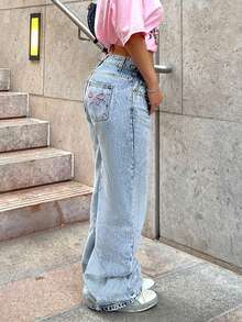 Fashionable Millennium Style Casual Women's Classic Light-Colored Embroidered Back Pocket Straight-Leg Long Jeans - Rửa nhẹ - Xem 6