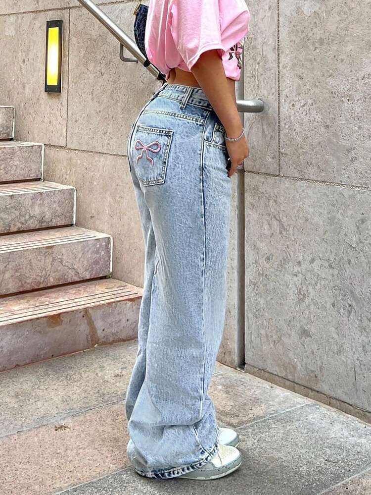 Fashionable Millennium Style Casual Women's Classic Light-Colored Embroidered Back Pocket Straight-Leg Long Jeans - 淺色水洗藍 - 查看 6