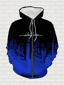 A Set Of Men's Casual Polyester Hoodie And Sweatpants, Black And Blue Blocks With Letter Prints, Comfortable And Elastic Fit, Regular Style, Suitable For Casual And Outdoor Use, Spring And Autumn Series  Spring/Fall    Regular Fit    Drawstring  Pocket - 藍色 - 查看 3