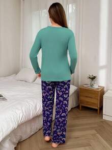 Mirano Slogan Print Short Sleeve Top & Cherry Pattern Long Pants Pajama Set - Green - View 2