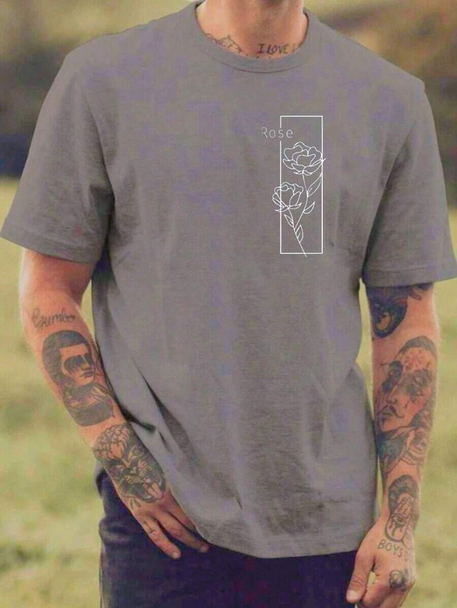 Camiseta Masculina Flor rose brco Camisa 100% algodão basica - Cinza - Visão 1