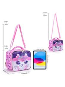 BLING BABIES Girls Lunch Bag, Cute Cartoon Cat Sequin Design, Suitable For Elementary Students, Children's Lunch Box, Kindergarten Lunch Handbag, Reusable Picnic Bag, Glow-In-The-Dark Function - Pink - Pink - View 5
