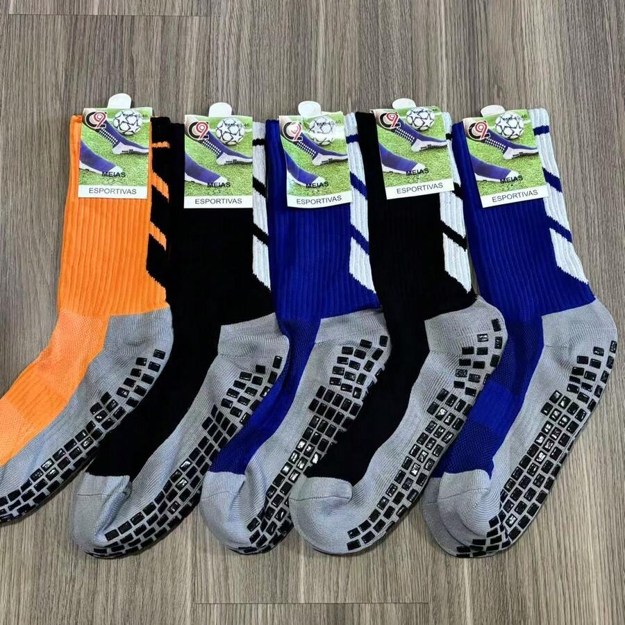 Kit 5 Pairs High Quality Non-Slip Cotton Soccer Socks High Top - negro, azul y morado - Ver 1