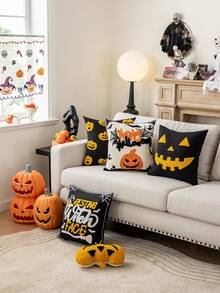 1pc Halloween Ghost& Witch& Spider& Pumpkin Exquisite Embroidery Cushion Pillowcase, Decorated For Multiple Room Types And Sizes, Machine Washable, Zipper Closure, No Pillow Core Home Decor Halloween Decor Room Decor Pillow Case Pillow Cases Cushion Cover Cushion Covers