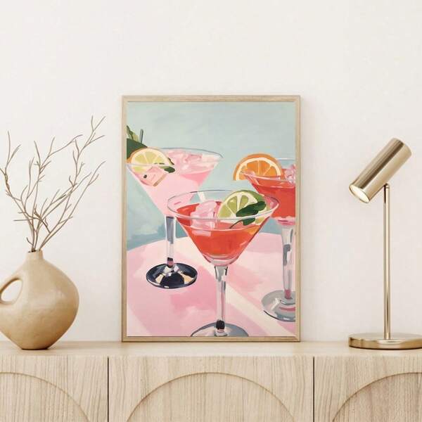 1 pieza Cuadro de arte de pared de cóctel de verano, impresión retro de bebida en lienzo, póster decorativo rosa preppy para dormitorio, sala de estar, carrito de bar, decoración opcional con marco