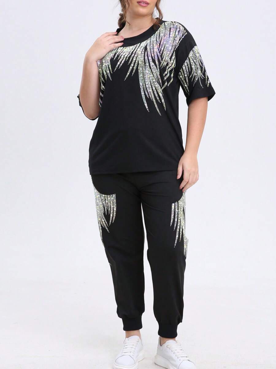 Two Piece Outfits For Women Black Short Sleeve T Shirts Oversized Rhinestones Graphic Drawstring Joggers Pants Casual Summer Sets Going Out - 黑色 - 查看 1