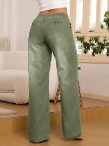 8433# Women's Fashion Versatile Denim Jeans With Back Pockets & Drawstring Elastic Waist, Straight Leg Wide Leg - Army Green - View 5