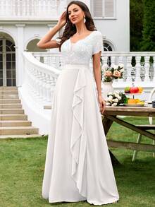 MIUSOL Đầm maxi dạ hội bằng chiffon, cổ chữ V sâu, đính sequin và ren, viền bèo nhún, thích hợp cho khách dự đám cưới, lễ tốt nghiệp, tiệc gala và các dịp khác, màu trắng mùa xuân. - trắng - Xem 6