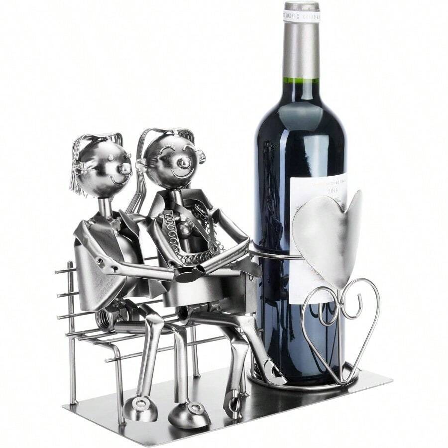 "Lovers On The Shore" Bottle Holder - Silver Bottle Holder - Metal Bottle Rack - Love Figure - Metal Sculpture - Wedding Gift With Gift Card