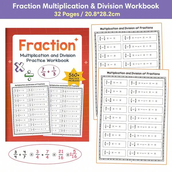 Lachilly Cuaderno de trabajo de multiplicación y división de fracciones para niños, materiales de educación infantil para la escuela primaria, ayudas de aprendizaje y escritura para la escuela primaria, recursos de aprendizaje para el hogar y la escuela