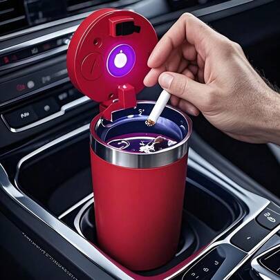 Portable Car Ashtray With Automatic Guide Rail And LED Light - Spacious Ash Holder Cup For Car Interior Accessories - Easy To Install And Clean