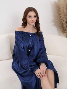 Satynowa koszula nocna z falbanką dla kobiet, rozkładana piżama z odkrytymi ramionami i długim rękawem, wygodna sukienka domowa, przytulne stroje
