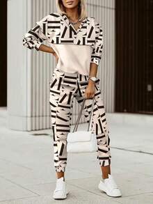 Conjunto de dos piezas para mujer, camisa y pantalones deportivos con estampado de letras casuales de estilo vintage boho para ropa urbana. - Beis - Ver 4