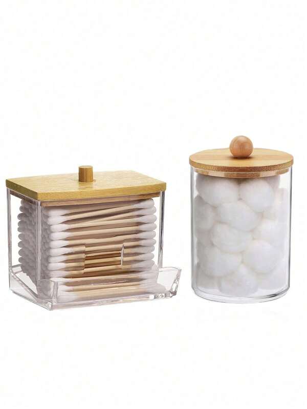 Suporte de acrílico para cotonete com tampa de bambu, 1/2 unidades, para guardar cotonetes, bolas de algodão e fio dental, recipientes para armazenamento de acessórios organizadores de banheiro, caixa de armazenamento transparente, caixa para armazenamento de cosméticos, armazenamento doméstico, para férias na praia, coleção de banheiro, coleção de quarto