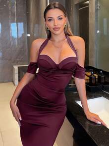 CurvySweet Elegant Fashion Classic Halter Three-Layer Folded Sleeve Chest Pleated Slim Fit High Elastic Midi Burgundy Business Casual Dress With Build-In Bra,Wedding Guest Dress,Evening Party Dress,For Date,Festival ,Graduation Season,Vacation,Daily Commute,Christmas