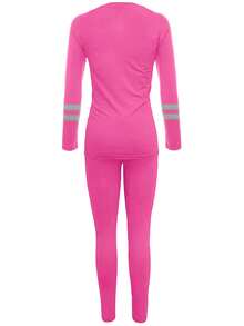 Striped Patchwork Print Sports Long Sleeve Top And Pants Set - Hot Pink - View 4