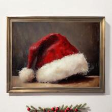1 pieza, Arte de pared de lienzo, Decoración de pared enmarcada, Gorro de Papá Noel vintage, Pintura al óleo de Papá Noel vintage, Impresión en lienzo de gorro de Papá Noel clásico, Póster de Papá Noel, Arte de pared navideño, Decoraciones navideñas, Póster navideño, Decoración de pared minimalista de invierno