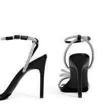 Women's Double Bowknots Crystal Sandals Clear Slingback Heels Square Toe Shoes For Party Wedding - màu đen - Xem 3