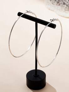 1 par de pendientes de aro grandes y sencillos de acero inoxidable, aptos para uso diario - Plateado - Ver 2