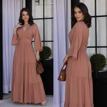 Long Dress In Premium Viscolinho With Tube Sleeves And V-Neckline - Cà phê Cappuccino - Xem 1