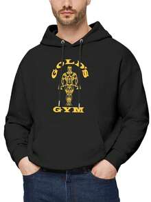 Men's Golds Gym Print Hoodie -  Pocket, Long Sleeve, Hooded, Loose Fit, Casual, Autumn Winter Wear, Perfect Gift For Him - 黑色 - 查看 2