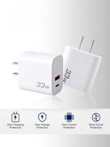 33W PD 壁式充电器，美国插头，PD3.0 快速 Type-C 充电器适配器，兼容 Apple/Android 智能手机、相机、MP3 播放器等。适用于旅行、办公室、宿舍和家庭多端口 - 美規A型插(110-127V) - 查看 3