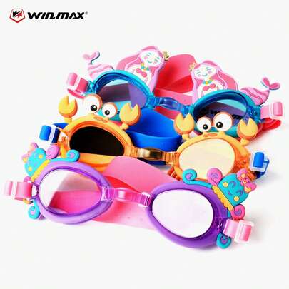 WIN.MAX Silicone Waterproof Anti-Fog Swimming Goggles For Kids, Cute Cartoon Design, Adjustable Strap, Secure Fit, Unisex, Suitable For Pool And Beach