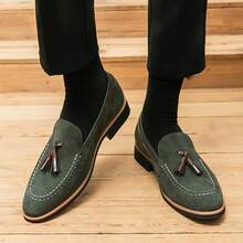 Men's English Frosted Leather Oxford Shoes, Dress Loafers, Business Casual Pointed Toe Fringed Loafers - 綠色 - 查看 5