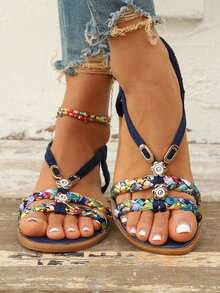 Women's Flat Sandals With Elastic Straps & Floral Design – Perfect For Beach Days And Travel,Plus Size Women's Sandals11 - 黑色 - 查看 2