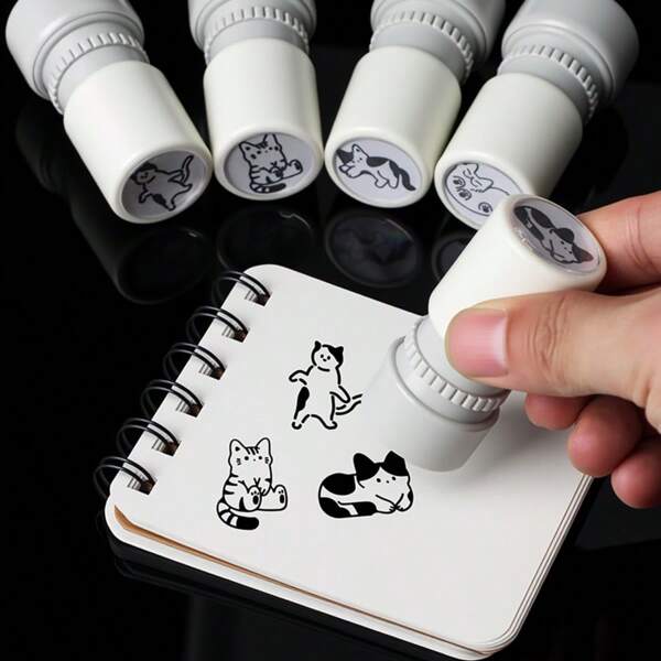 1pc Cute Cat Pattern Round White Ink Stamp, Automatic Ink Suitable For Student Doodle Stationery, Holiday Party Birthday Gift